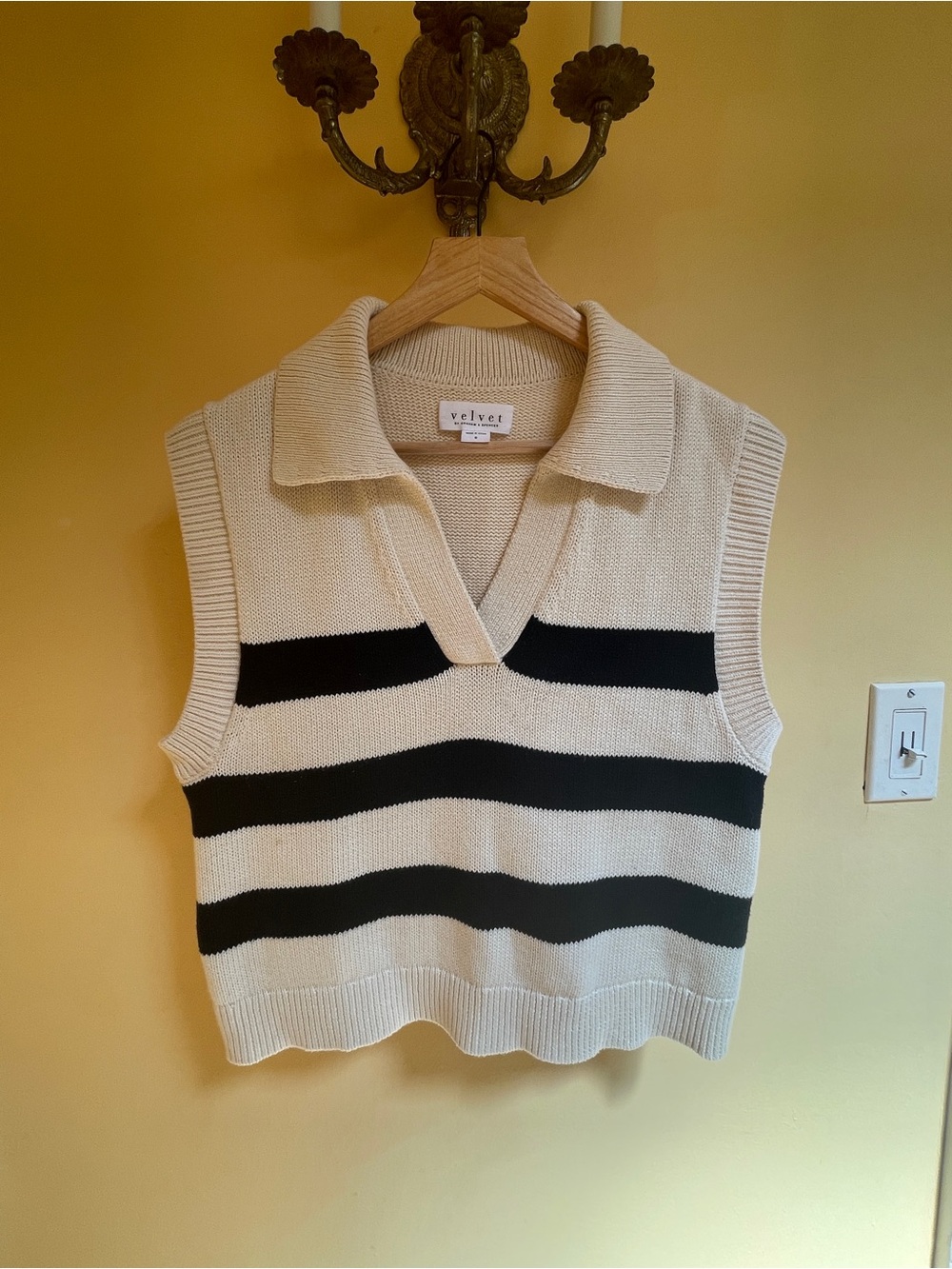 Velvet Cream and Black Striped Collared V-Neck Sweater Vest